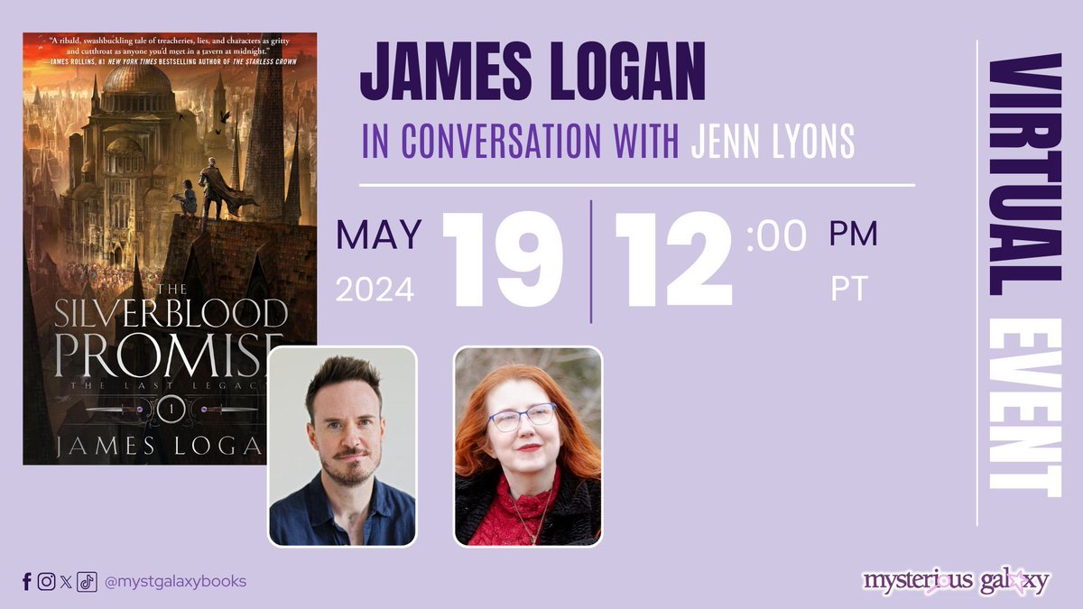 ✨ On Sunday, May 19, at 12 PM PT, join JAMES LONGI - in discussion with JENN LYONS - for a VIRTUAL event for THE SILVERBLOOD PROMISE. For more information & to register -> buff.ly/3QBSSds