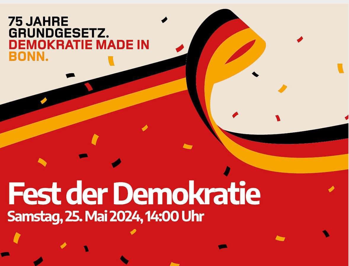 Am 25. Mai feiern wir in Bonn anlässlich des 75. Geburtstags unseres Grundgesetzes ein großes Fest der Demokratie - gemeinsam mit dem Bundespräsidenten, rund 80 Organisationen, Musik, Kabarett, spannenden Diskussionen …. herzliche Einladung! Infos: bonn.de/pressemitteilu…