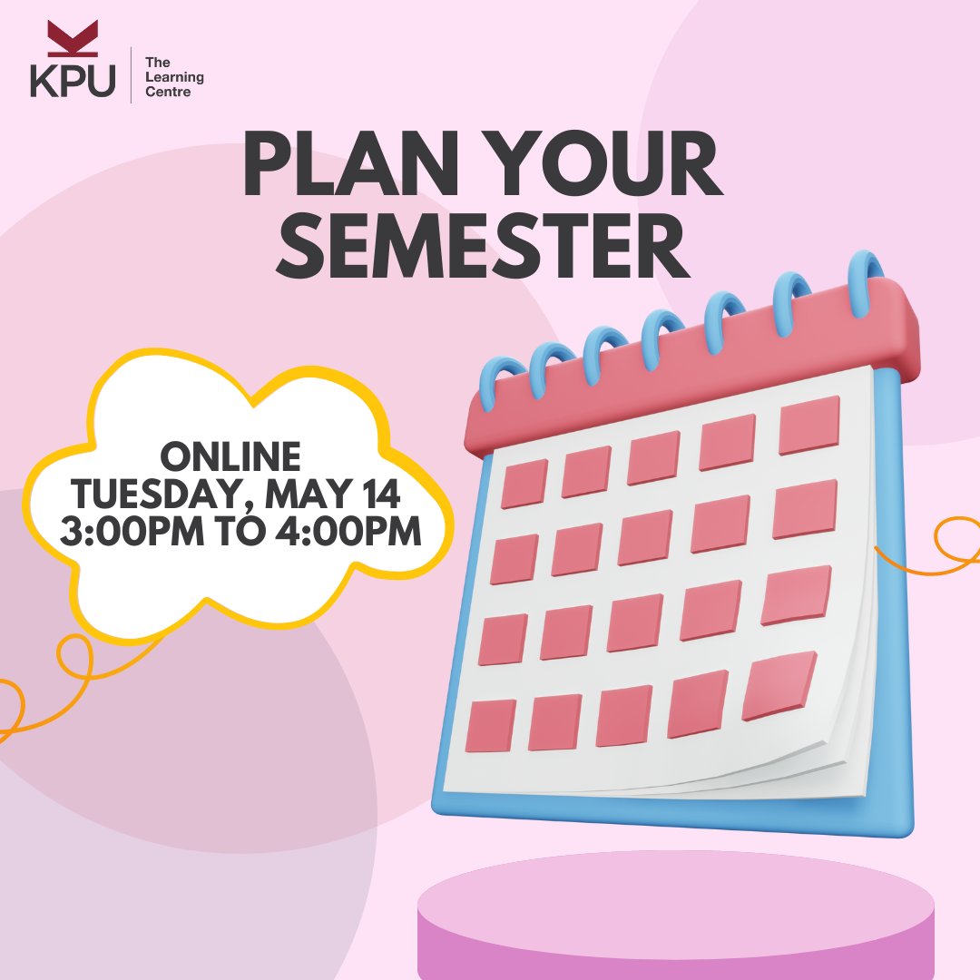 Learn to plan your semester efficiently using the Semester Schedule to give yourself a visual picture of assignments, projects, tests and exams that are coming up, helping you to decide how to commit resources between various possible tasks.

Register: kpu.ca/learningcentre…