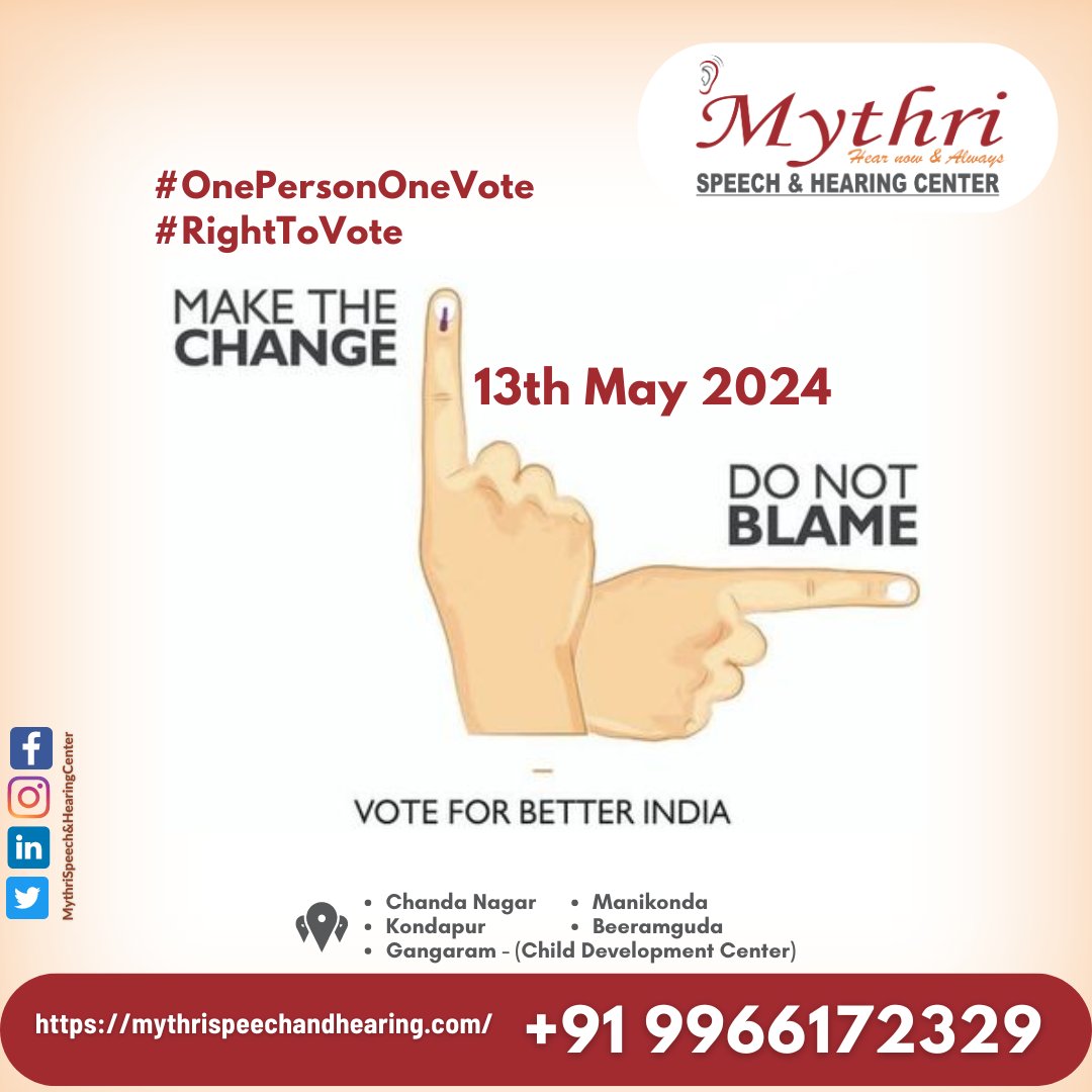 #VoteForChange #BetterIndia #ElectionsIndia #YourVoteMatters #Democracy #MakeADifference #VotingRights #CivicDuty #BeTheChange #Election2024 #VoteWisely #MythriSpeechAndHearing #VoiceOfThePeople #PowerOfDemocracy #EveryVoteCounts  #PoliticalParticipation #ExerciseYourRights