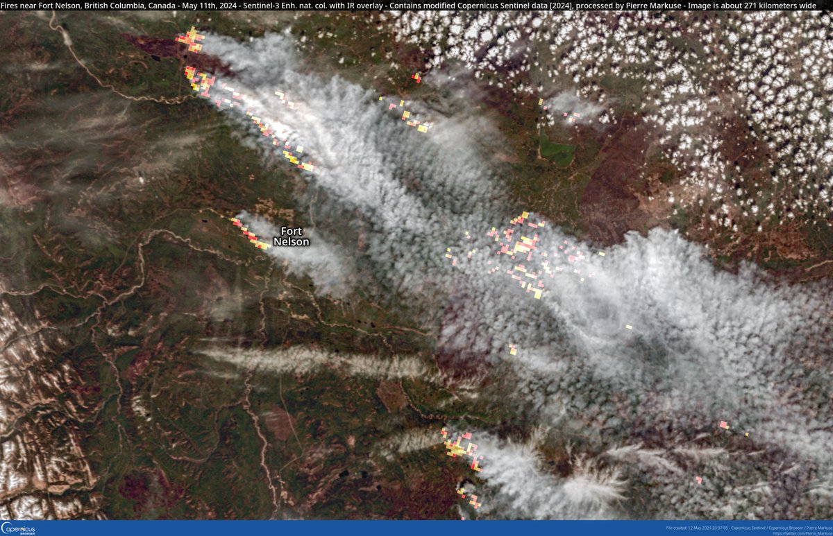 🟠 Fires🔥 near Fort Nelson, #BritishColumbia, #Canada🇨🇦 May 11th, 2024 #Copernicus🇪🇺 #Sentinel-3🛰️ Full-size ▶️  flic.kr/p/2pQHGFY #OpenData #SciComm #RemoteSensing Image is about 271 kilometers wide #FortNelson #fire #wildfire #BCFire