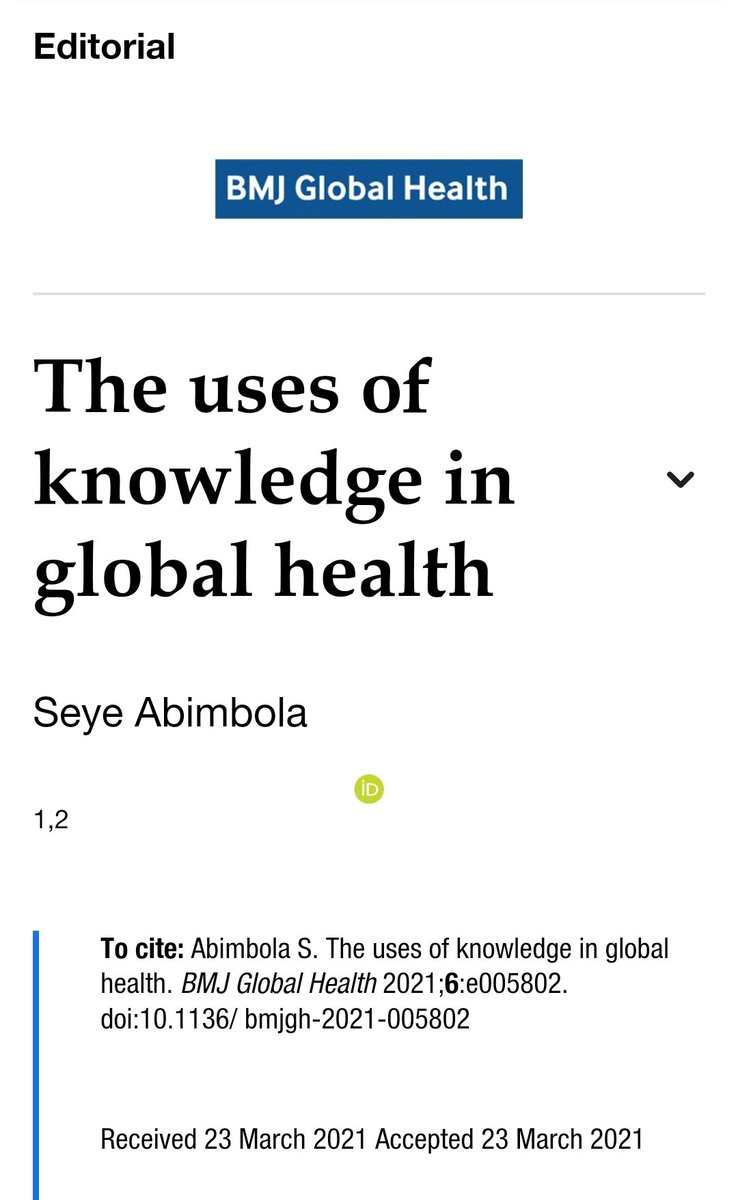 #Knowledge 'The academic #GlobalHealthLiterature marginalises a lot of conversations that should be primary—for example, on the role that social learning plays in how knowledge is used to achieve equity...' @seyeabimbola gh.bmj.com/content/6/4/e0…