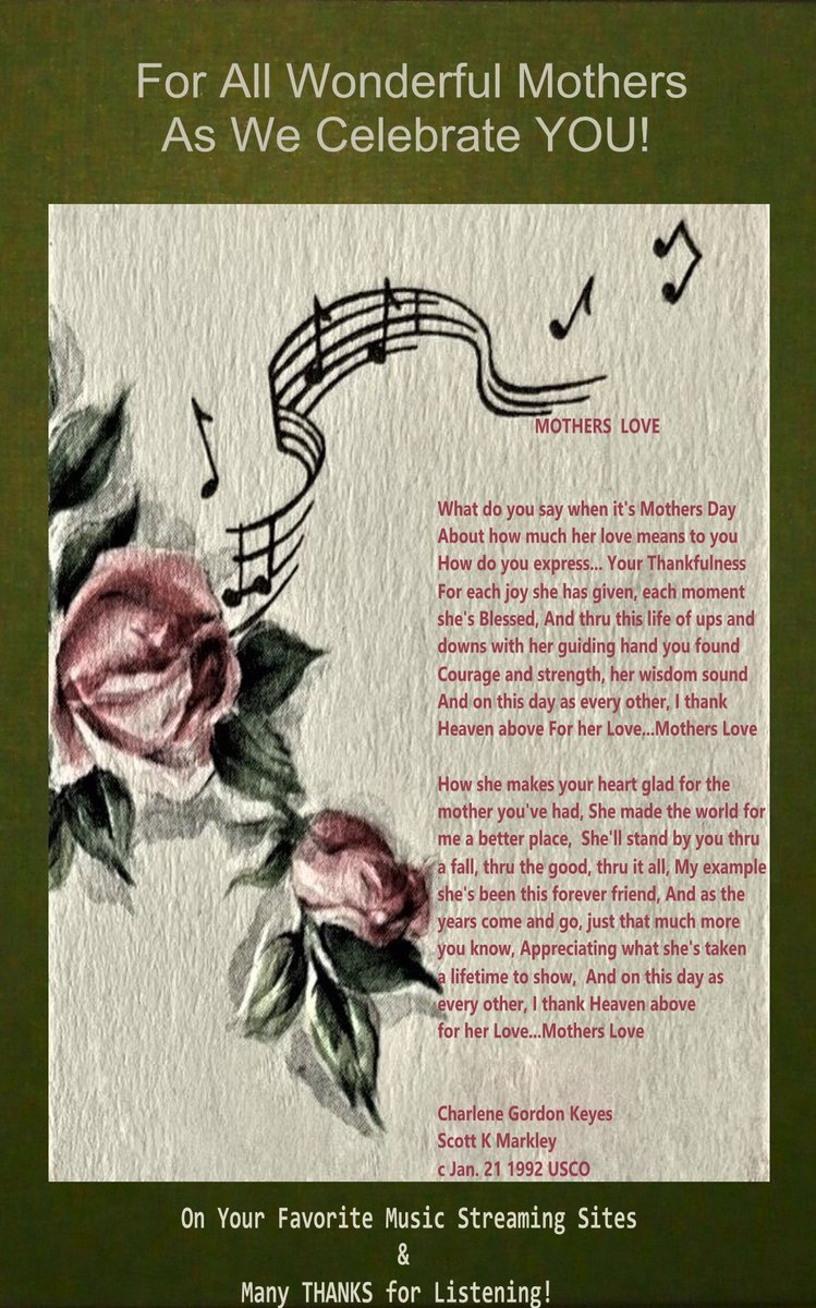 A Song as we Celebrate MOTHERS LOVE today for the Wonderful Moms Everywhere!  youtube.com/watch?v=qOQ3yE…    open.spotify.com/track/7wGl6hDm…