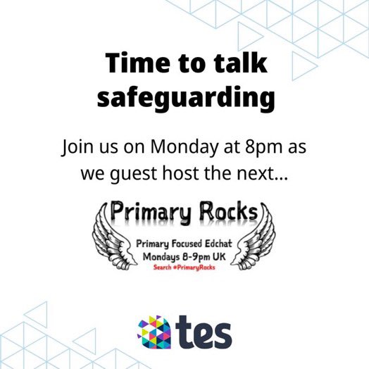 TesGlobalX's tweet image. Join us this time tomorrow! 

It’s #PrimaryRocks time and we are delighted to be guest hosts. 

We’ll be discussing and sharing best practice for all things safeguarding. Hope to see you there! #edutwitter