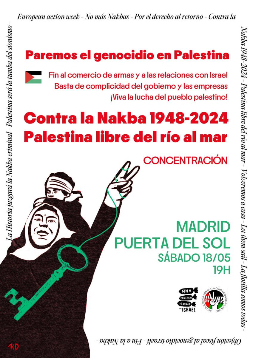 La 5a movilización por la #ongoingnakba #nakba76 #Palestina estará coordinada a nivel Europeo. Actualizamos el listado de ciudades apuntadas. En Madrid saldremos el próximo 18 de mayo a las 19h en Sol ¡Ya somos más de 70 municipios en el estado español! #FreePalestine