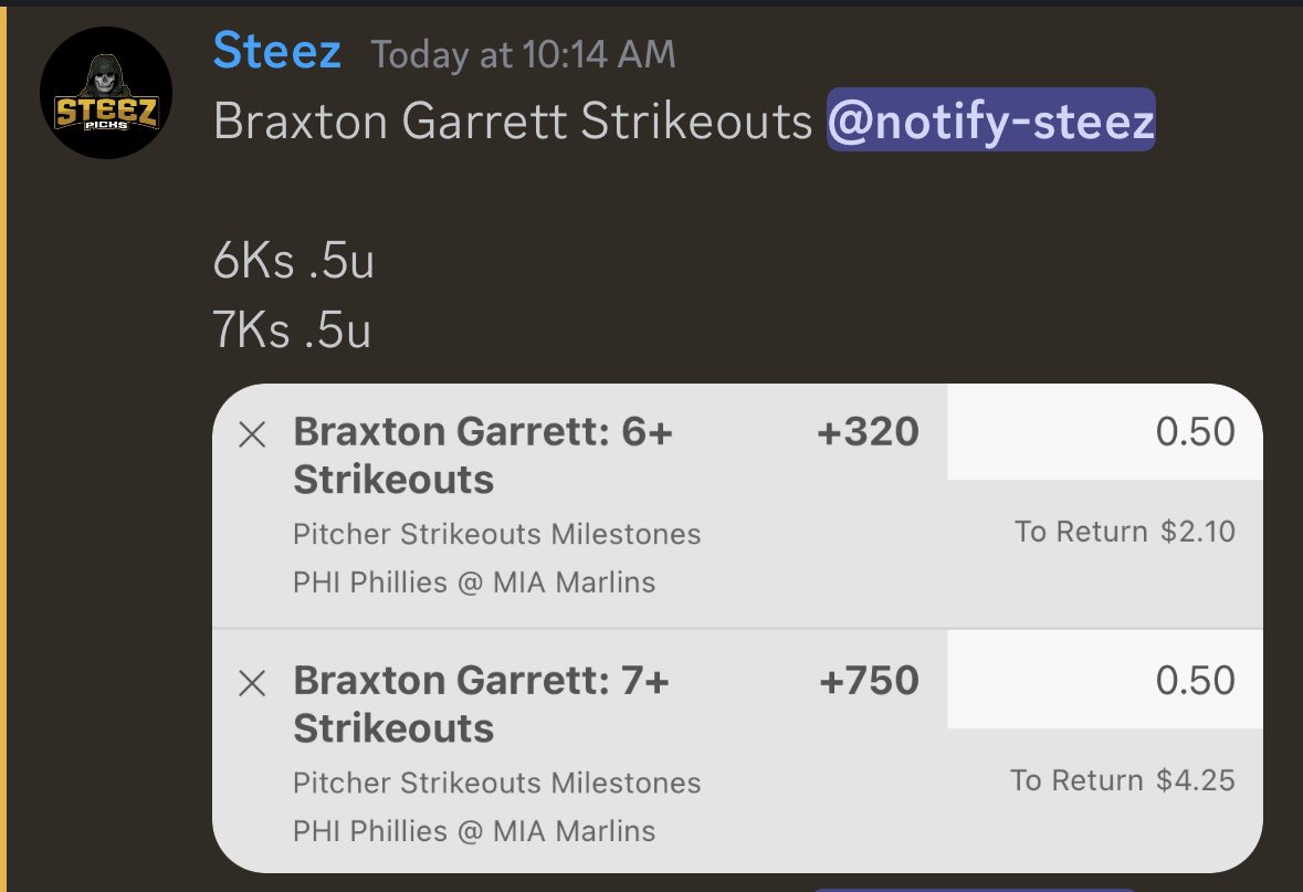 MAX Braxton Garrett Ks🎯🎯 Garrett 6Ks (+320)✅ Garrett 7Ks (+750)✅✅ First start this season was a swing and miss success🫡 ParlayBanditz.com 💥💥
