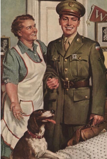 In a May 1943 issue of the Saturday Evening Post, a mother welcomes her son home on furlough in 1943. 🇺🇸