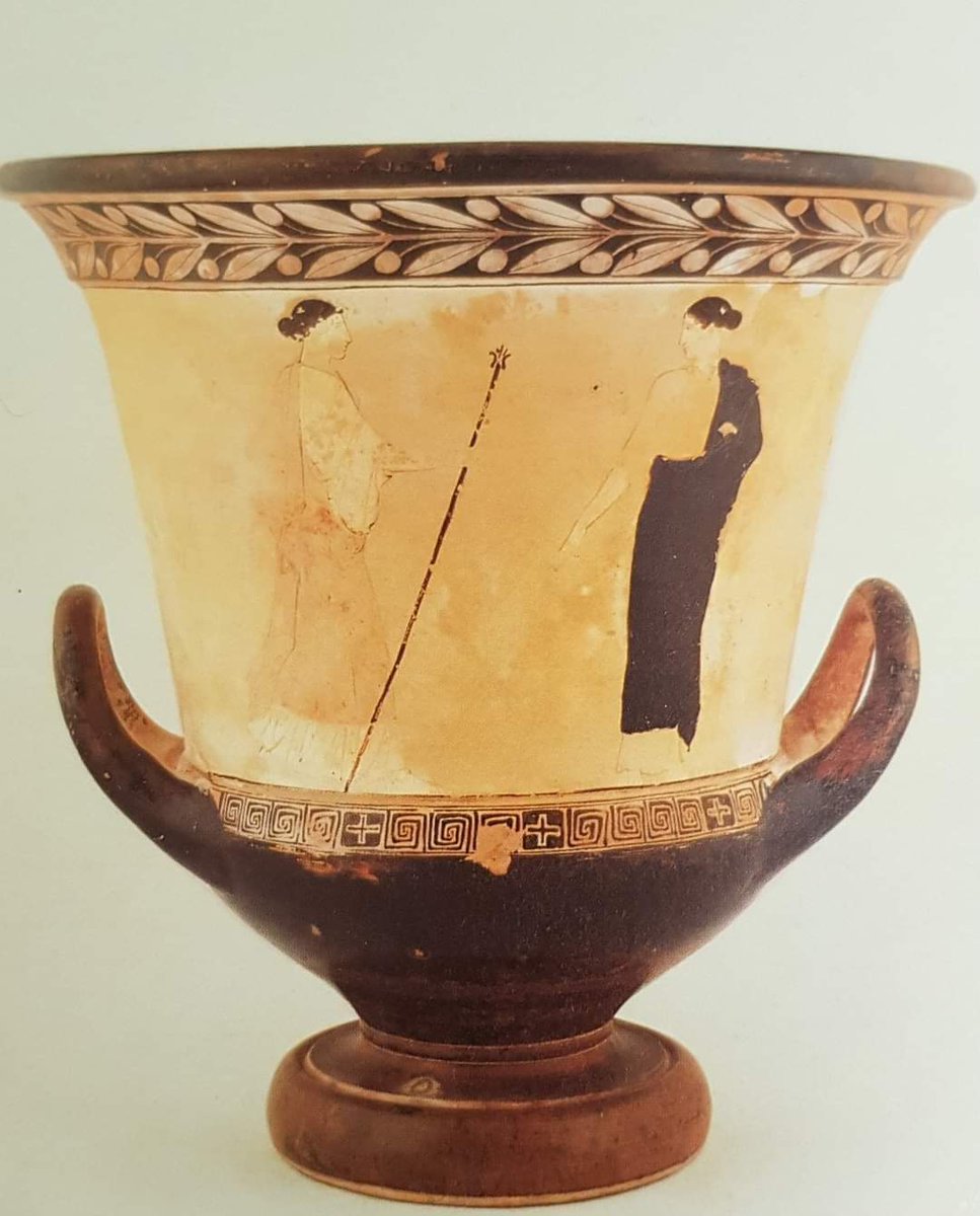 Akragas Greek vases (from Akragas, ancient Agrigento) from 19th Century collections in the Regional Archaeological Museum of Agrigento. Attic chalice krater with a white background – Side A: Perseus contemplates the chained Andromeda before freeing her – Side B: two female…