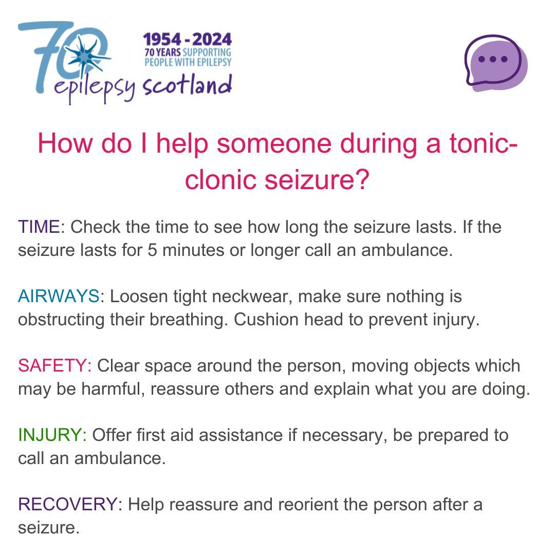 Would you know how to help someone during a tonic-clonic seizure? Remember TASIR and follow these steps.

Once a seizure starts, it will usually stop on its own. If a seizure lasts for 5 minutes or longer, call an ambulance.

#Seizures #FirstAid #Epilepsy #EpilepsyAwareness