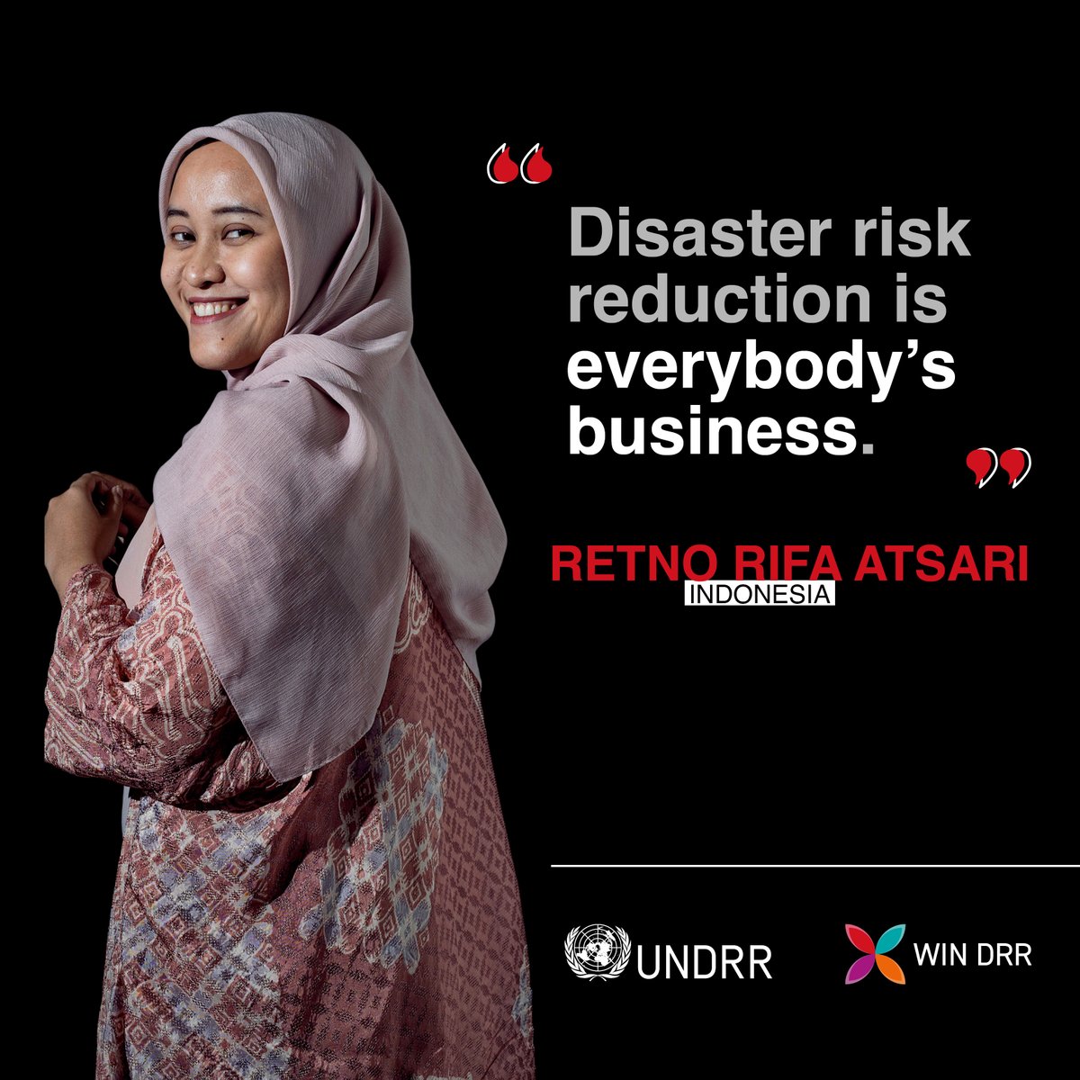 'I am happy that my team and I can create a supporting environment for women to work in DRR,' says Retno Rifa Atsari, Vice-Principal and Co-founder of CARI, a disaster knowledge management platform in Indonesia. Read Retno's's story ➡️ ow.ly/5pqS50RAf9U #WINDRR