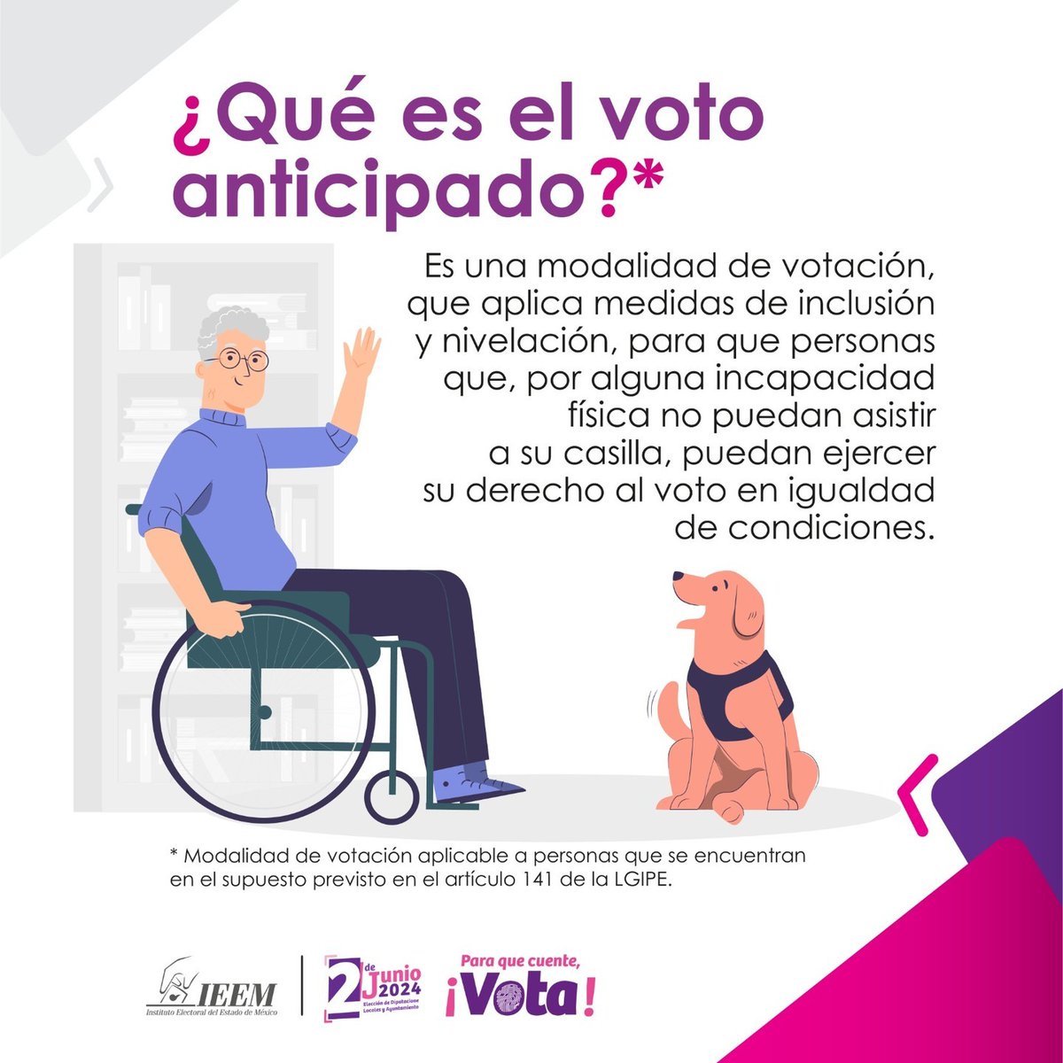 El #VotoAnticipado 🗳️ es una modalidad de votación, que aplica medidas de inclusión y nivelación, para que personas que, por alguna incapacidad física ♿️ no puedan asistir a su casilla, puedan ejercer su derecho al voto en igualdad de condiciones.