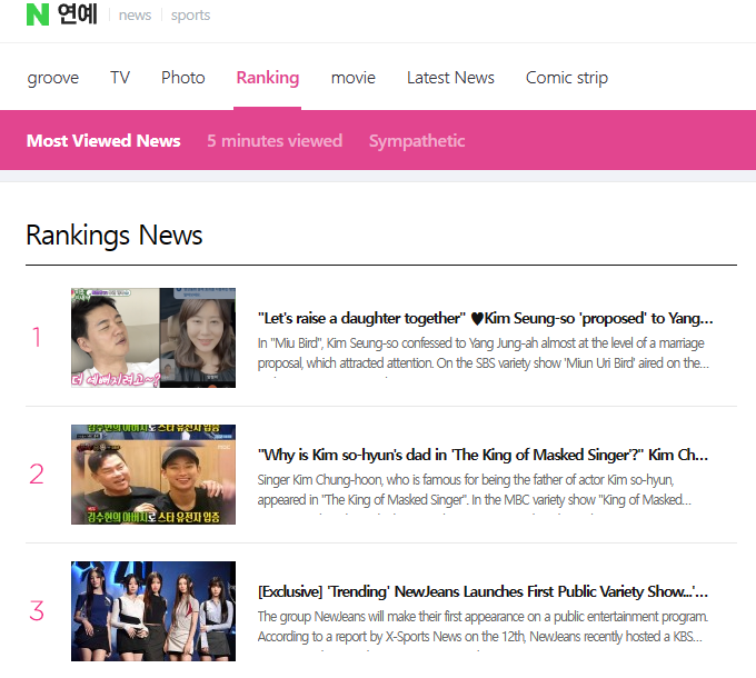 Article about NewJeans appearing on a variety show for the first time is still trending #3 on naver