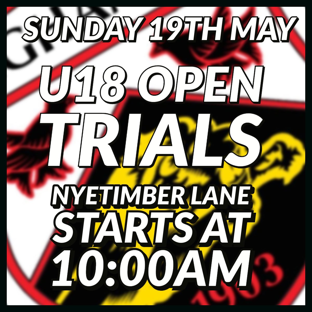 Sun 19th May - U18 Trials Next Sunday new U18 Manager Aaron Millar and his coaching team are holding trails for both the SCFL and ACYFL sides Pagham will be running next season All players aged 16-17 are Welcome Trials begin 10:00am at Nyetimber Lane 🦁