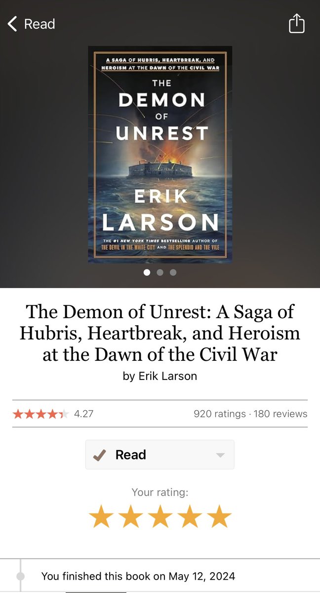 I don’t give many books 5-star reviews. Every <a href="/exlarson/">Erik Larson</a> book so far has been an exception. His latest, “The Demon of Unrest,” adds to the streak. Fascinating people and momentous events, in Larson’s inimitable style. Bonus: He is speaking here in Tulsa next week. Can’t wait!