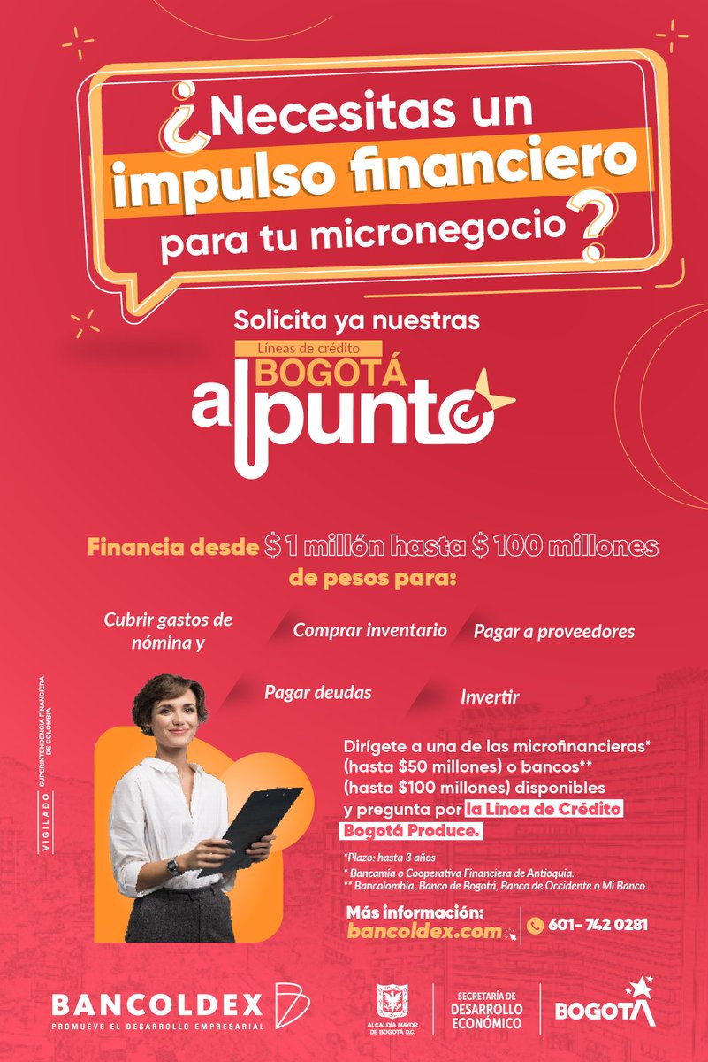 Aquí es donde puedes encontrar créditos de hasta 100 millones de pesos para impulsar tu negocio.🚀 Asiste a la rueda de financiamiento el 15 de mayo en la @camaracomerbog (sede Cedritos) a las 9:00 a.m. y conoce cómo acceder a nuestras líneas #AlPunto en alianza con @Bancoldex.