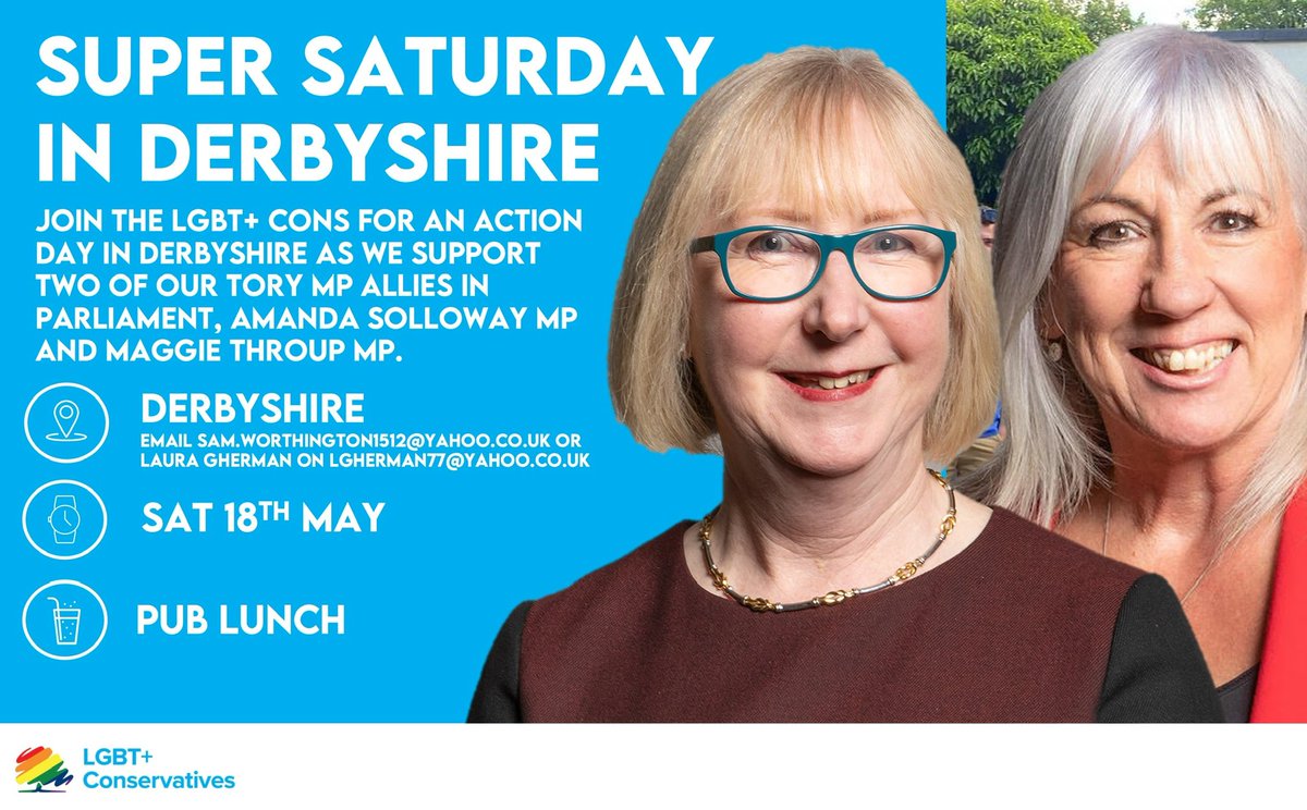 Join us, Tory HIV/AIDS reformer @maggie_erewash and longstanding friend to the org @ASollowayUK this month as we head to beautiful Derbyshire for a Super Saturday.

📍Derbyshire
📆 Sat 18th May
🕖 10:30AM onwards

Message @l_ghmn or email Sam Worthington below for more details ⬇️