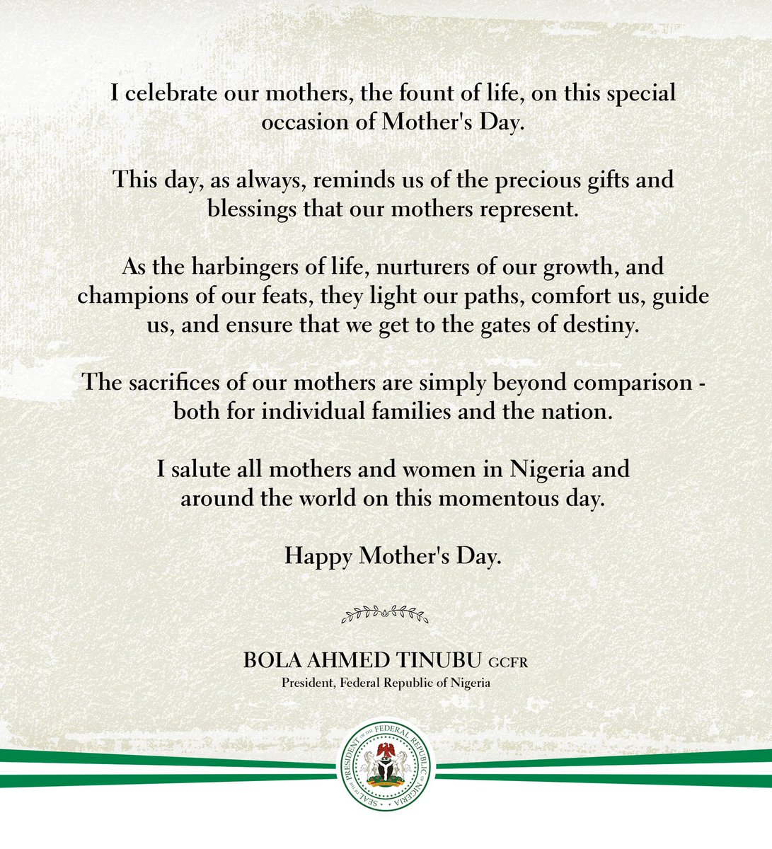 I celebrate our mothers, the fount of life, on this special occasion of Mother's Day. This day, as always, reminds us of the precious gifts and blessings that our mothers represent. As the harbingers of life, nurturers of our growth, and champions of our feats, they light our