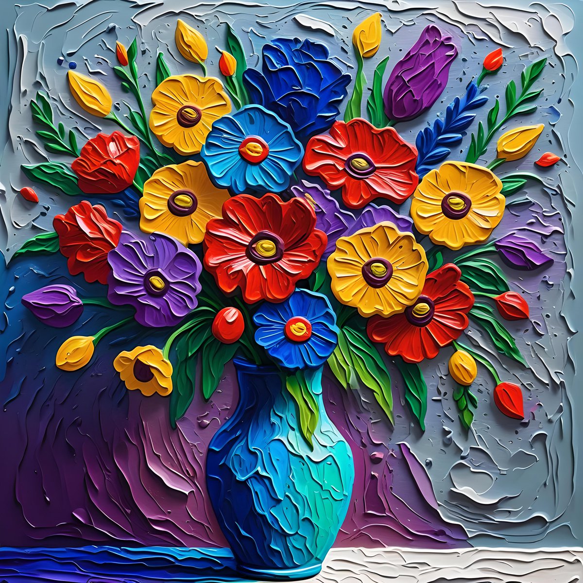 Dive into a world of vibrant blooms with this impasto masterpiece! Each stroke captures the energy of a colorful bouquet, dancing in a vase. 🌺🎨 #ImpastoArt #FloralPainting #ColorfulBeauty #ArtisticExpression #AIArtwork #digitalartwork