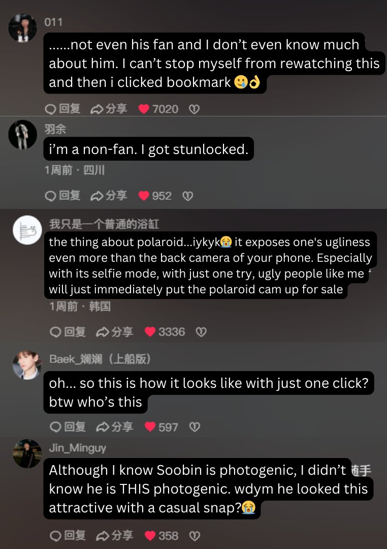 wow.... soobin polaroid clip went super viral on DouYin (Chinese Tiktok) 

the comment sections are full of non-fans getting stunned😭 (translation included)

It now has 680K likes (a huge feat since TXT offical douyin usually has around 100-200K likes at most)