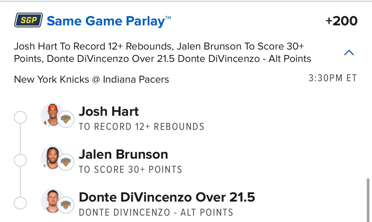 Knicks Same Game Parlay from today’s pregame show!! Coming through 

🏀Brunson 30+ points
🏀DiVincenzo OVER 21.5 alt points 
🏀Hart 12+ rebounds
💰+200

#Knicks #samegameparlay