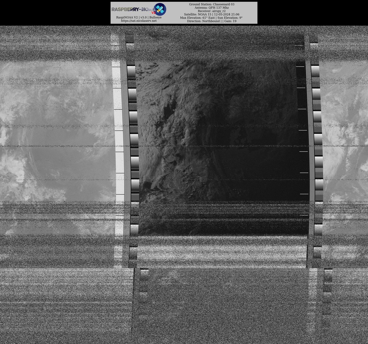 Ground Station: Chassenard 03 NOAA 15 12-05-2024 20:02 CEST  Max Elev: 61° E Sun Elevation: 9° Gain: 19 | Northbound

#NOAA #NOAA15 #NOAA18 #NOAA19 #MeteorM2_3 #MeteorM2_4 #weather #weathersats #APT #LRPT #wxtoimg #MeteorDemod #rtlsdr #gpredict #raspberrypi #RN2 #ISS