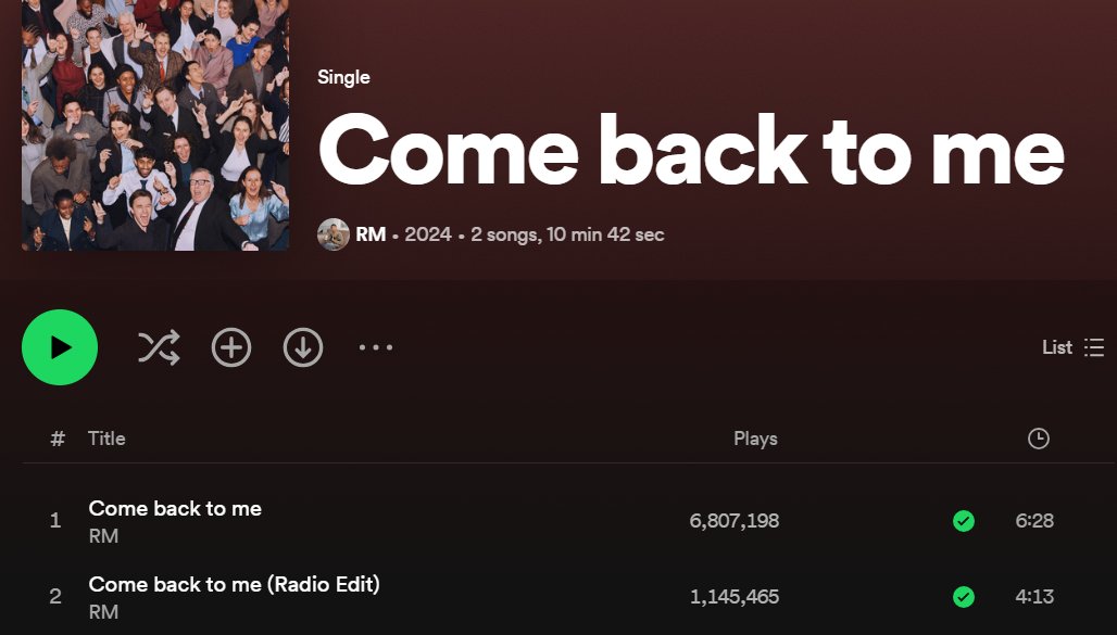 12.05.24 - Come back to me Spotify streamleri Come Back To Me -6,807,198(+2,993,669) Come Back To Me Radio Edit -1,145,465(+541,930)