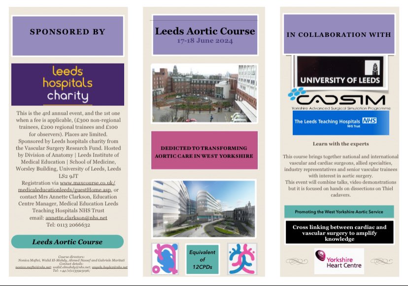 Join us on the excellent Leeds Aortic Course on 17th-18th June. The cadaveric session on root, arch, thoracoabdominal surgery using open, hybrid and endovascular approaches (frozen elephant trunks and AMDS).

@LeedsHospitals  @TerumoAortic  @AorticDissectUK @LeedsVascular