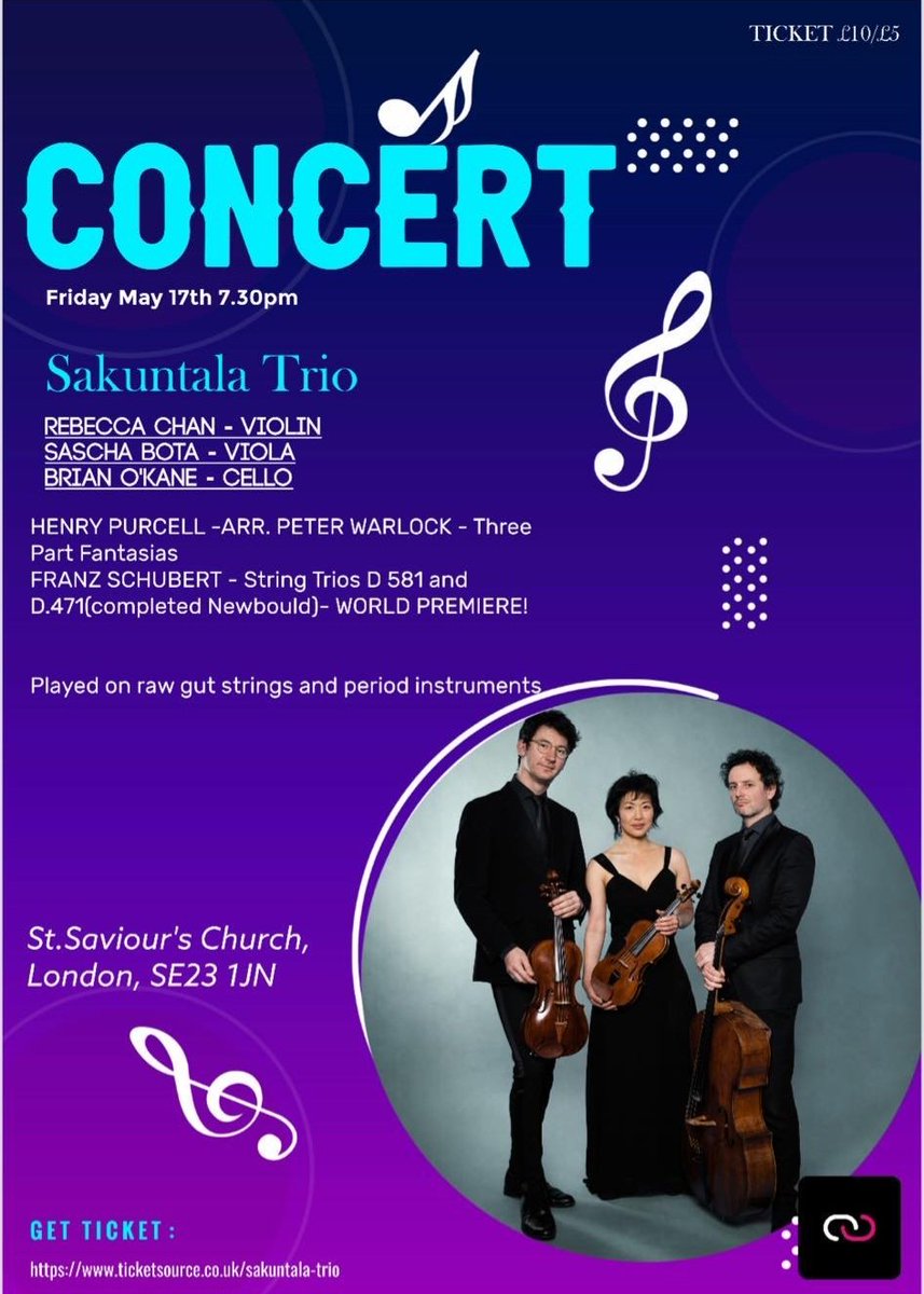 Join us on Friday for a concert by the Sakuntala Trio. Purcell and Schubert. Tickets available on the door. #livemusic