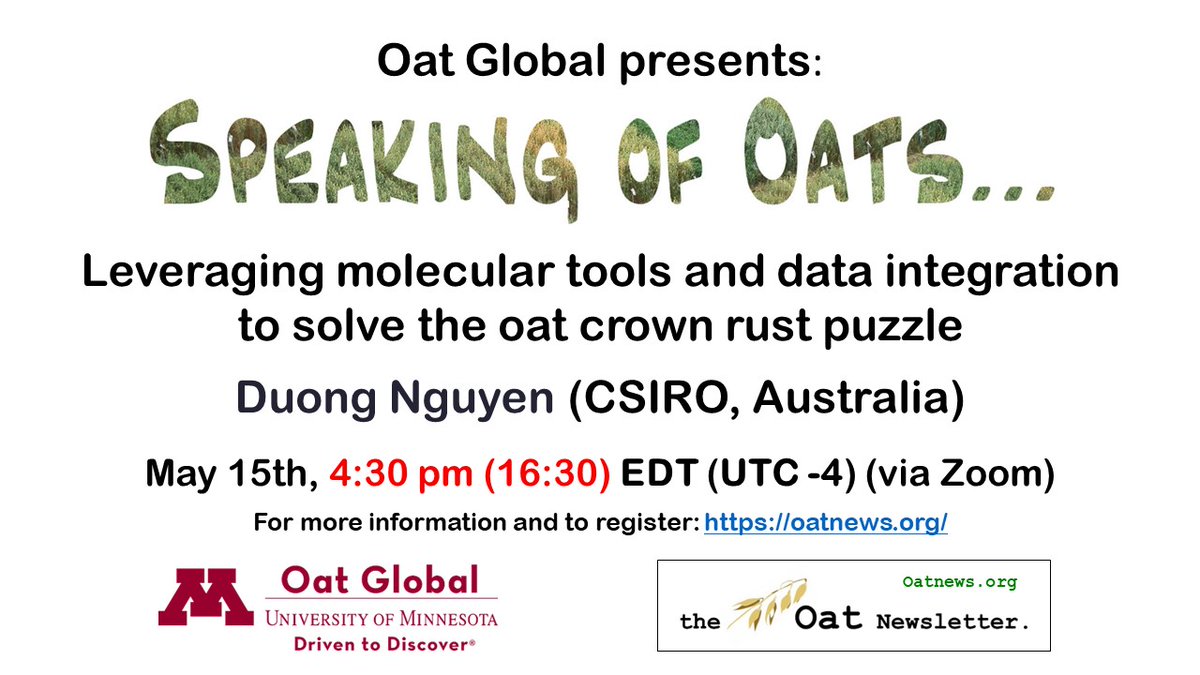 Happy International Day of Plant Health! Learn more about solving the #oat crown #rust puzzle with Duong Nguyen of @CSIRO at our next 'Speaking of #Oats...' webinar on May 15th at 4:30 pm (16:30) EDT (UTC-4). Registration is free! umn.zoom.us/webinar/regist… #planthealthday