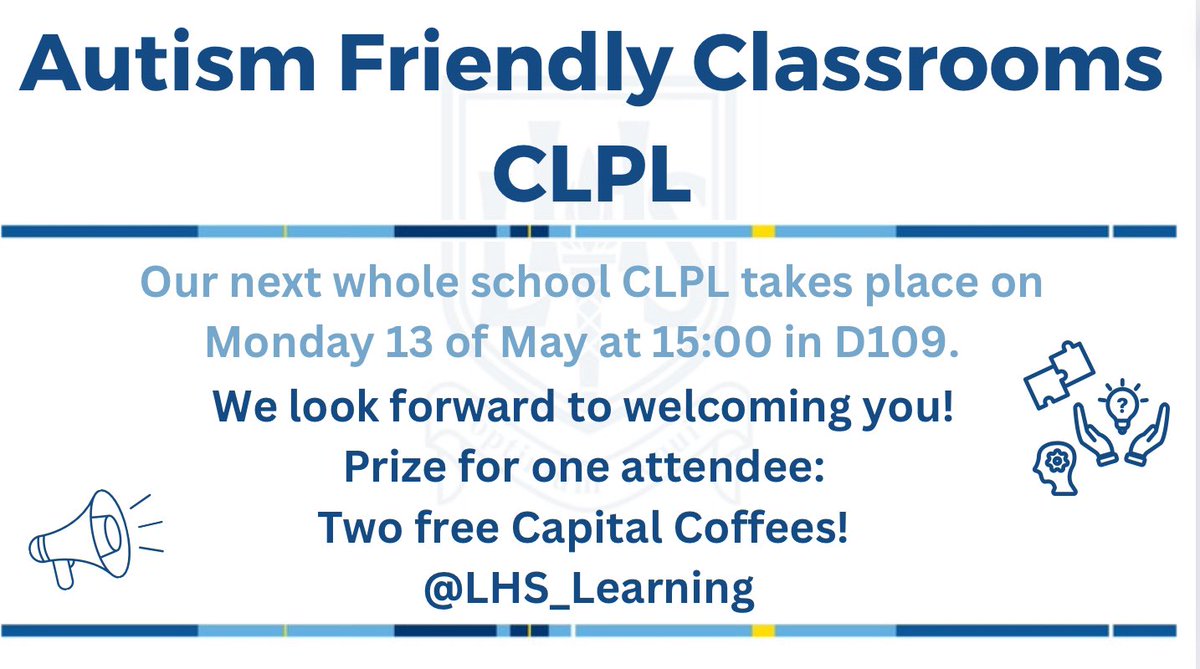 🌟 Autism Friendly Classrooms CLPL 🌟
This is a reminder that we have our next CLPL after school tomorrow led by Melissa Mcilquham in D109. We look forward to welcoming you all - prize for one lucky attendee is two free Capital Coffees! 🎓😆
<a href="/LarbertHigh/">Larbert High School</a>