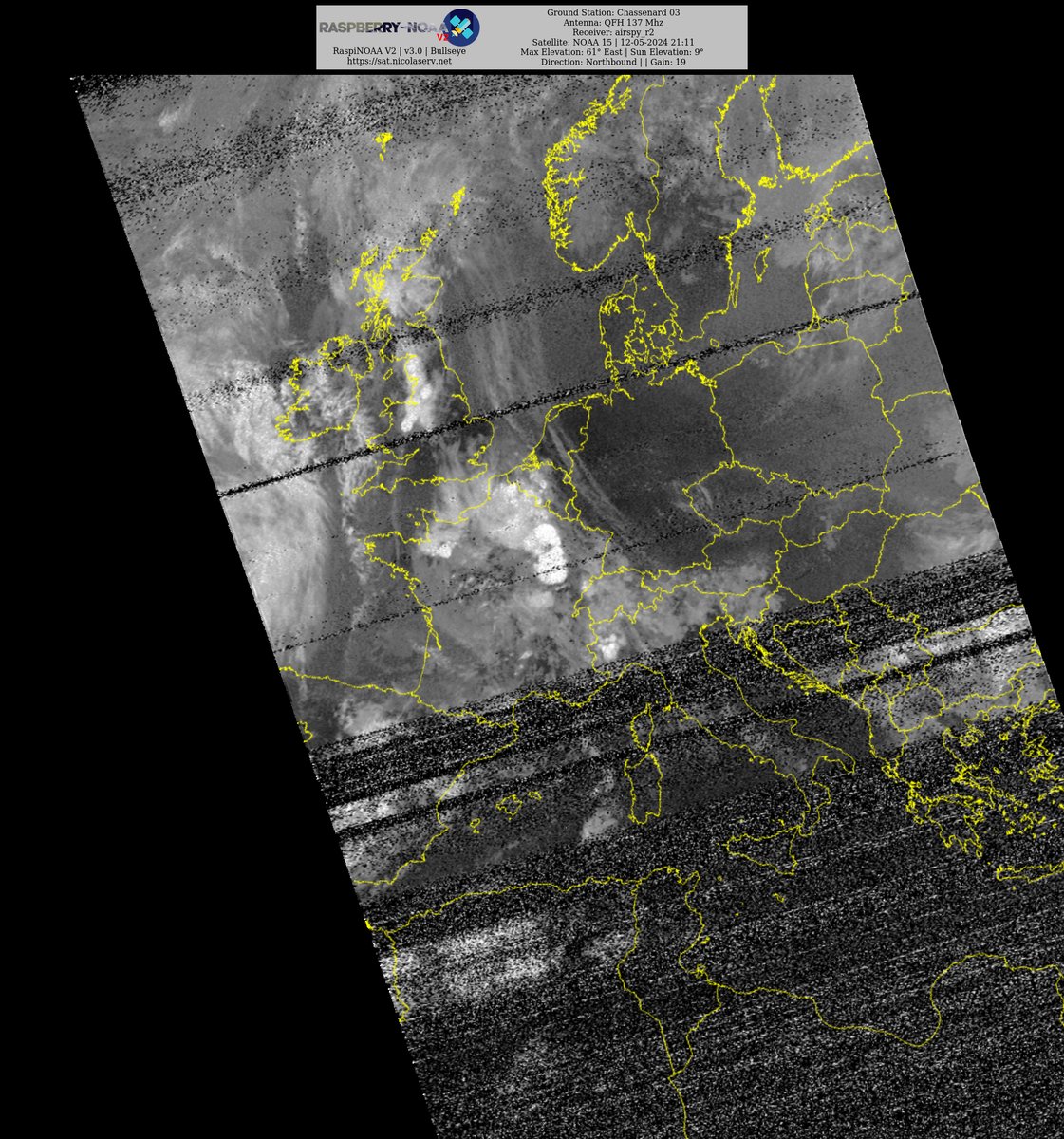 Ground Station: Chassenard 03 NOAA 15 12-05-2024 20:02 CEST  Max Elev: 61° E Sun Elevation: 9° Gain: 19 | Northbound

#NOAA #NOAA15 #NOAA18 #NOAA19 #MeteorM2_3 #MeteorM2_4 #weather #weathersats #APT #LRPT #wxtoimg #MeteorDemod #rtlsdr #gpredict #raspberrypi #RN2 #ISS