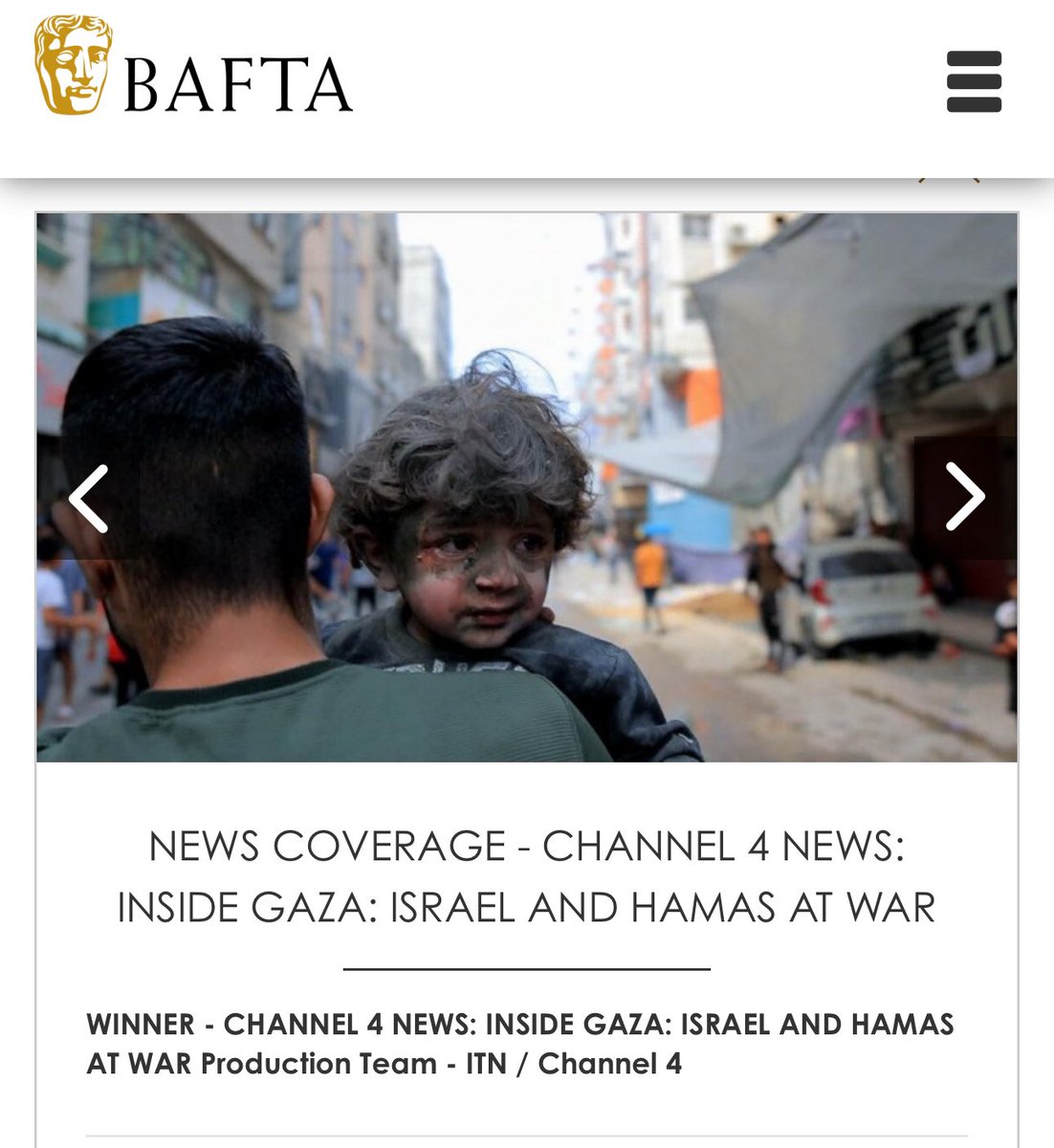 . @Channel4News wins the BAFTA for News Coverage for ‘Inside Gaza : Israel and Hamas at War’. A huge recognition of @YousefHammash who provided us with moving reportage and films while international reporters were not (and are still not) allowed in to Gaza. The second year…