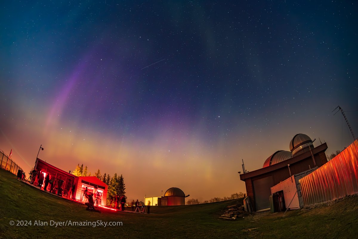 Three views of the aurora over the @RAOastronomy during the May 11 Space Night, with members of the @CalgaryRASC pointing out sights and running telescopes. The aurora was there but dim in the smoky skies. 'Dehaze' in processing brought it out!