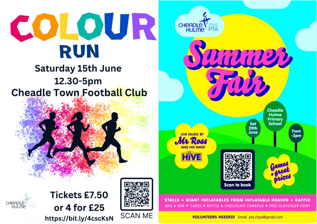 Less than 2 weeks left to get your Colour Run tickets and while you are there, you can get your early bird Summer Fair tickets too! ☀️ 

Register on our ticketing website below for more details on both events and to book your tickets:

pta-events.co.uk/chpspta