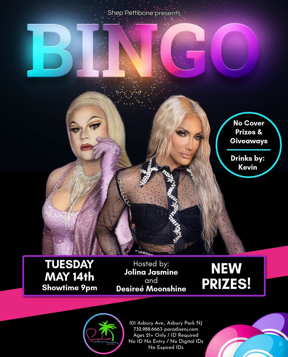 Bingo - Tuesday, May 14th 😃💖🌴 Hosted by: Jolina Jasmine & Dezi Moonshine Drinks by: Kevin - Showtime: 9pm #paradisenj #asburypark #asburyparknj #dragqueen #dragqueens #lgbt #drag #gay #dragqueenbingo #DragRace @ILoveGayNJ @JolinaJasmine1