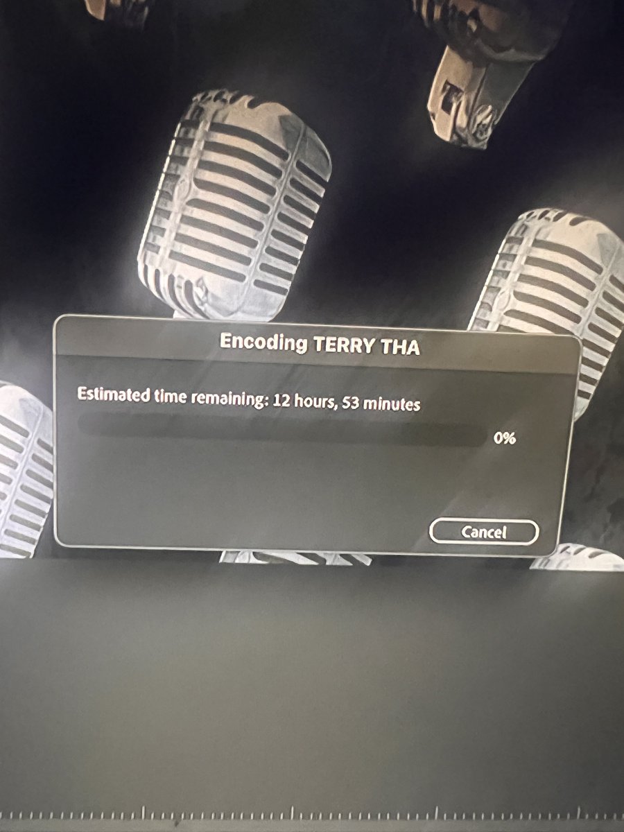 12 hours to render podcast video…. 

My podcast episode with Terry tha Rapman is 1hr 30mins.

When I drop this classic y’all should pls watch it ooh.  🙌