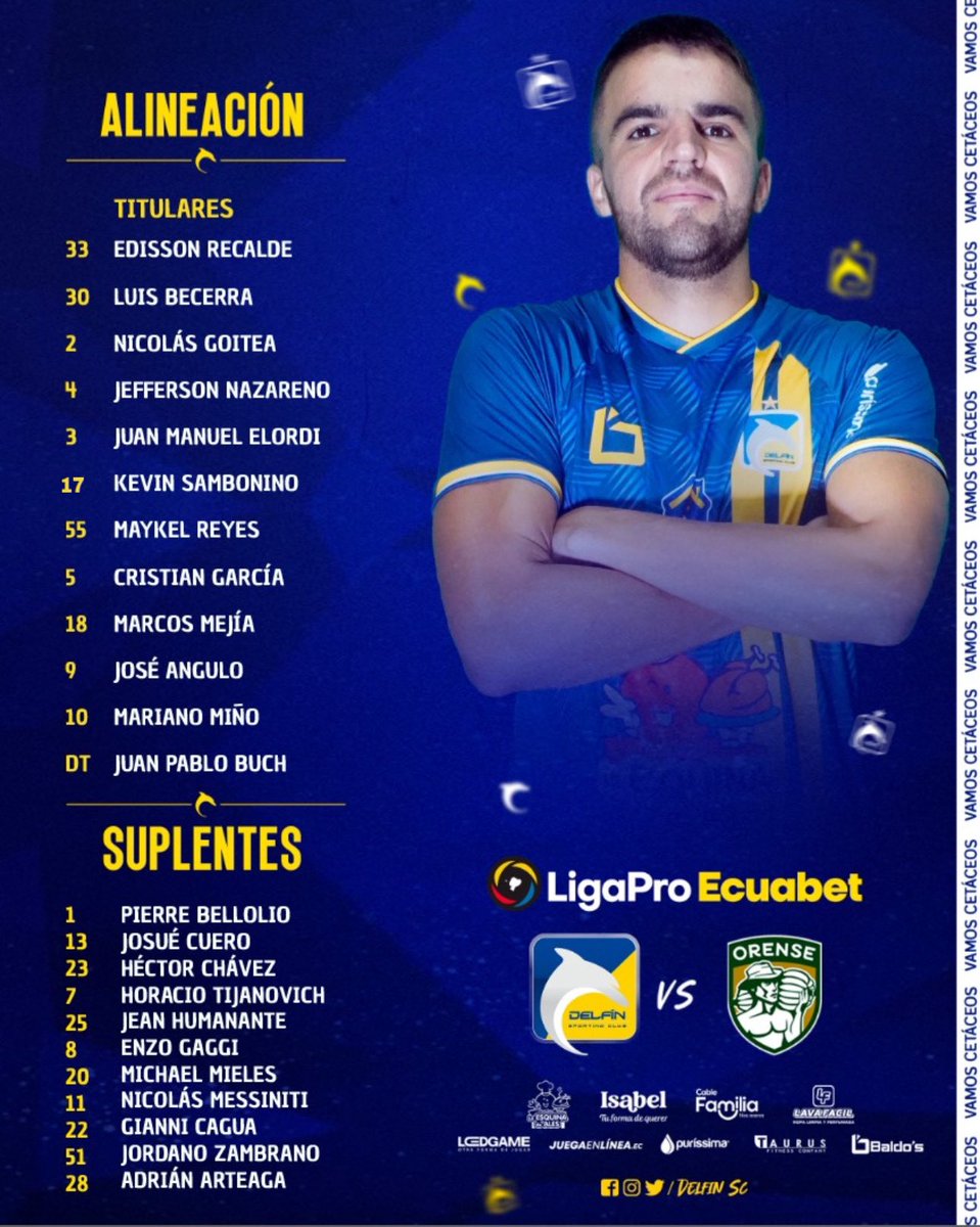 🏆 @ligaproec 
Hoy va por nuestras Mamitas, Vamos Delfín! 
📋ALINEACIÓN ! 🐬
👨🏻‍🏫DT. Juan Pablo Buch 
🆚 @orense_sc 
🏟️Estadio Jocay  
⏰15:30 
 #delfinsc #elorgullodemanabi