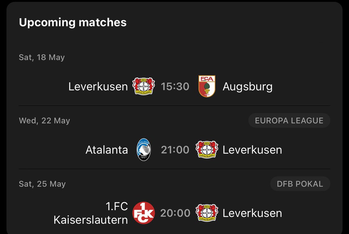 Three more games to go for Leverkusen to win the treble while being unbeaten
