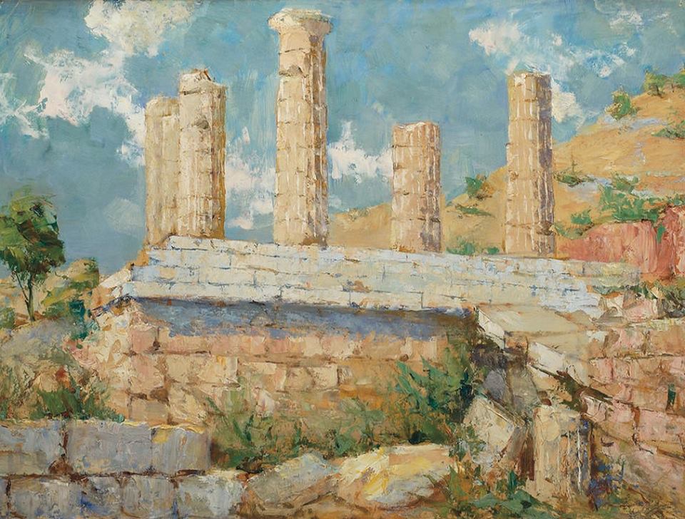 Ουμβέρτος Σ. Αργυρός (1884 –12 Μαίου 1963) ήταν Έλληνας ιμπρεσιονιστής ζωγράφος- Ναός του Απόλλωνα στους Δελφούς-c1960