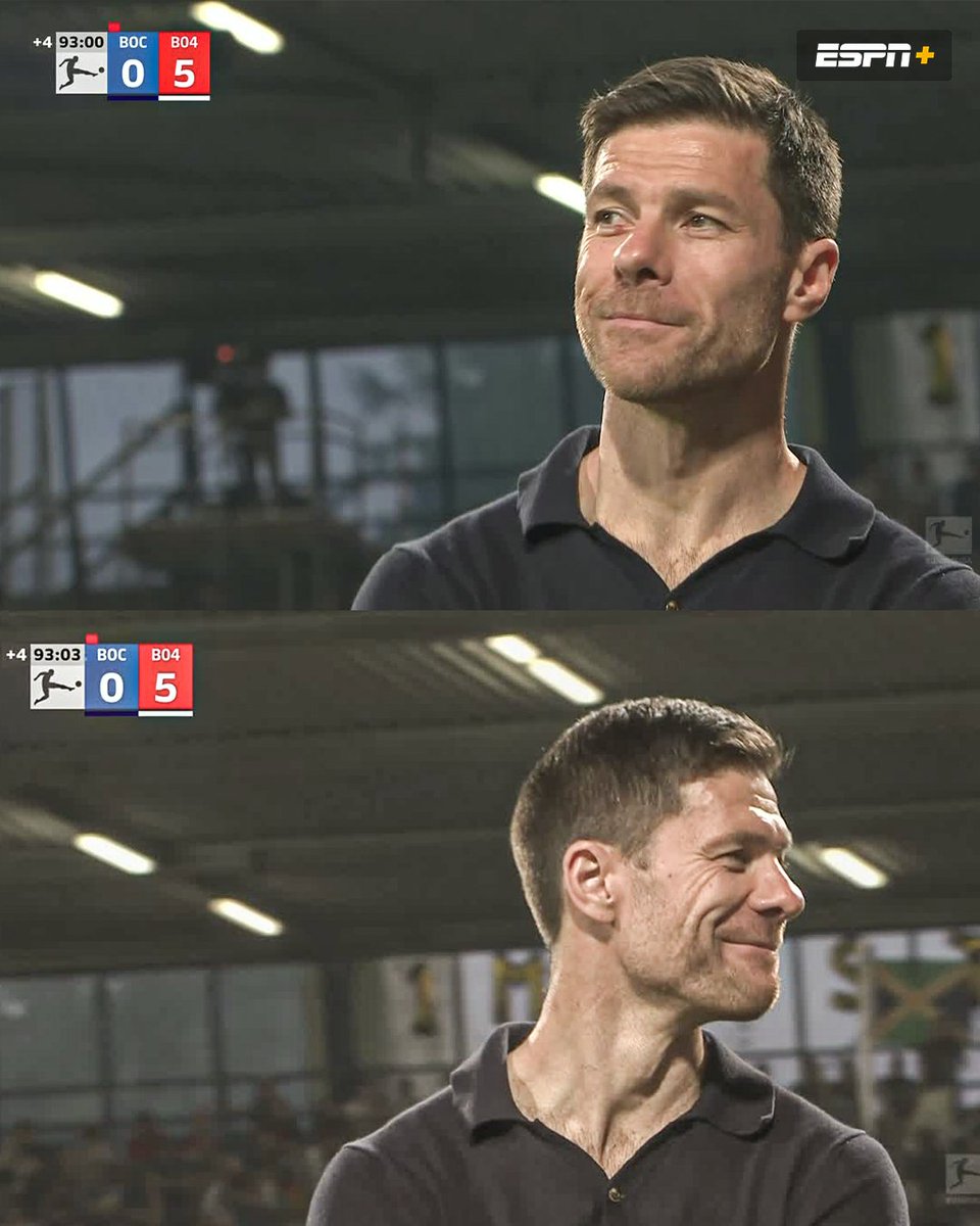 ESPNFC's tweet photo. Xabi Alonso can't help but smile after Leverkusen scored their 5th goal 😏 

This run is incredible 🍿 https://t.co/KFKryx4DNx