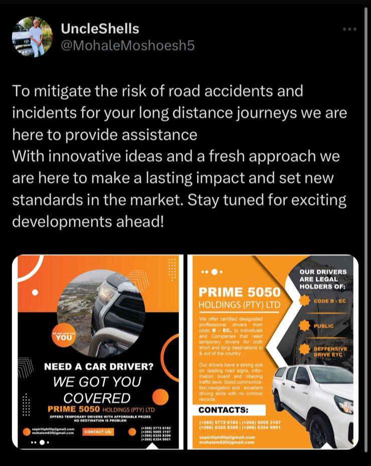 MohaleMoshoesh5's tweet image. Prime5050 Holdings 
Reliable drivers available 24/7
Fleet Service 

Contact- 26650053197

(+266) 5772 6182