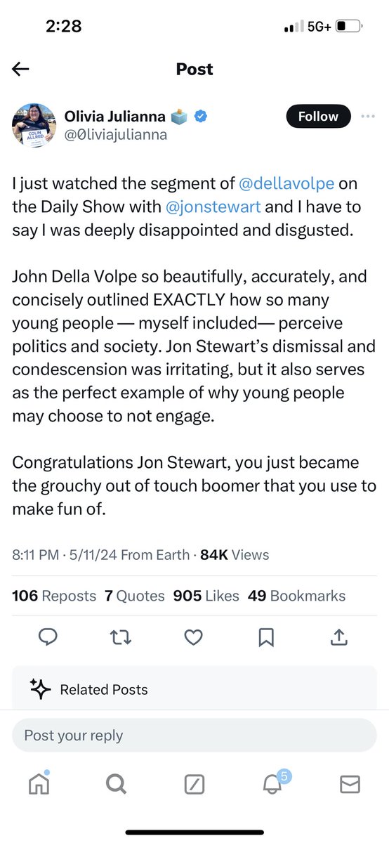 Dear Olivia :
@Jonstewart is brilliant and has fought for decades for the 911 emergency workers. If one segment of a show is enough to disengage you and other young people from a progressive icon, I suggest that you really don’t have what you always preach, “tolerance”!