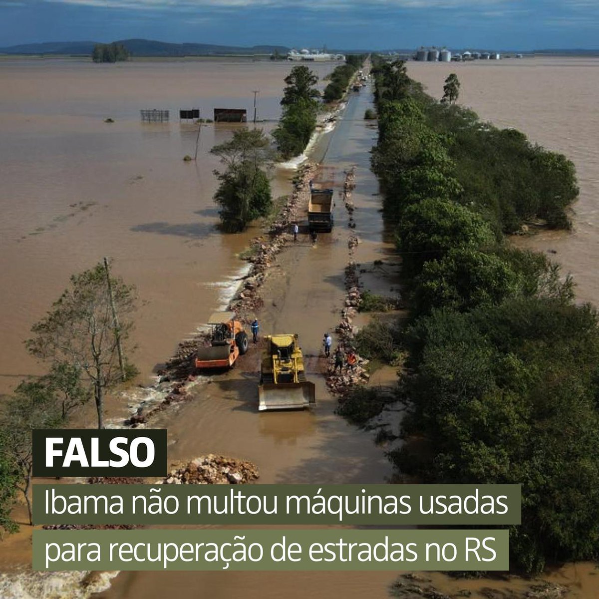 São falsas as alegações que circulam em redes sociais de que o @ibamagov estaria impedindo a atividade de veículos do Departamento Nacional de Infraestrutura de Transportes (DNIT) mobilizados para recuperação de estradas destruídas pelas enchentes no Rio Grande do Sul.