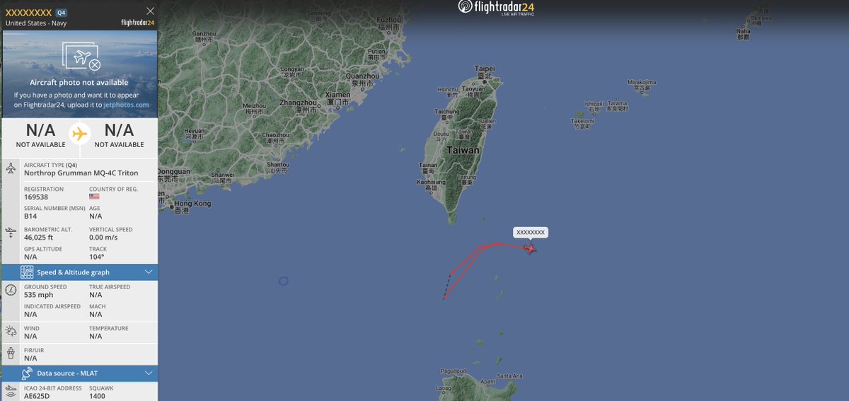 #USNavy MQ-4C triton seen on the flight radar, the uav drone operating to the south of taiwan over the south china sea, 46K feet altitude. #AE625D