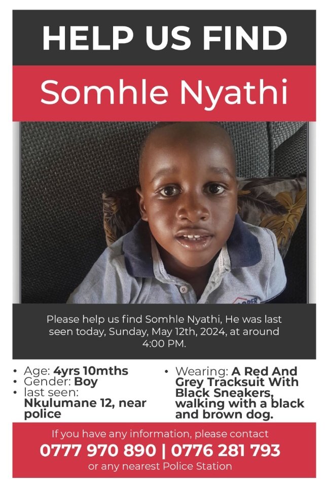 Please help us find SOMHLE NYATHI?? He was last seen at 4pm today, Sunday 12th of May around Nkulumane 12, near the Police station. If you have any info plz call 0777970890 or 0776281793. please share far and wide and help us bring him back home