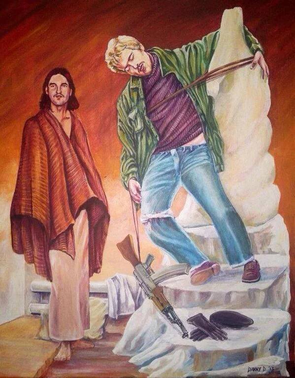 Art depicting Francis Hughes as the dying Cú Chulainn next to Thomas McElwee.