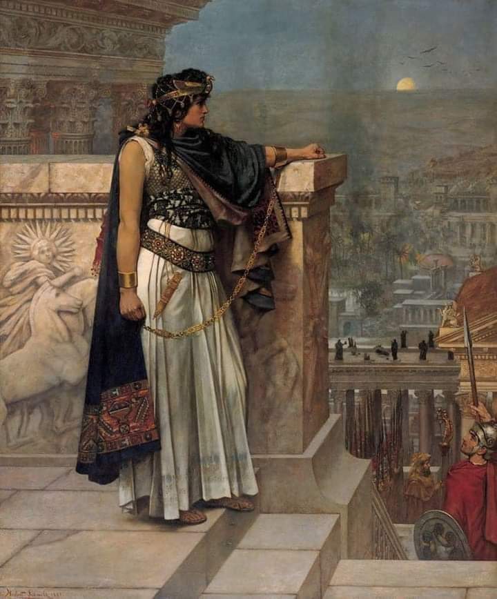 Zenobia's last look on Palmyra; by Herbert Gustave Schmalz, 1888 CE. Septimia Zenobia; Queen of Palmyrene Empire (260-273 CE), Syria. Zenobia married to the Odaenathus, the ruler of Palmyra. In 267 AD, the king was murdered in a palace intrigue and Zenobia seized the power as…