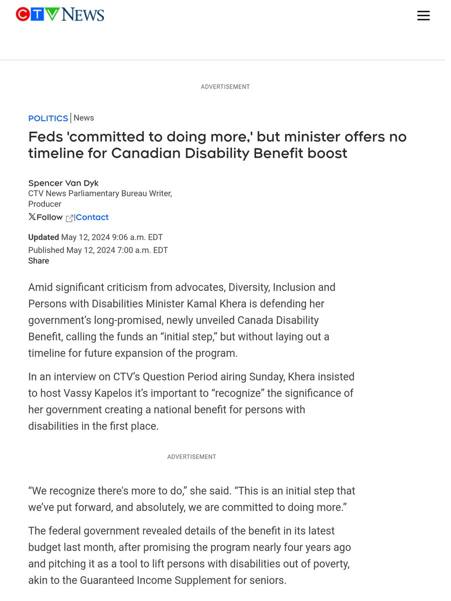 'Feds 'committed to doing more,' but minister offers no timeline for #CanadianDisabilityBenefit boost; Amid significant criticism from advocates, Diversity, Inclusion and Persons with #Disabilities Minister Kamal Khera is defending her government’s long-promised, newly unveiled