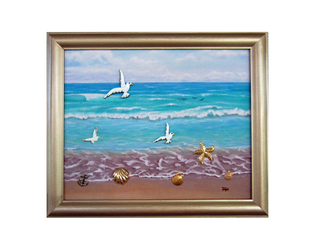 Framed Jewelry Art Beach Scene #FramedJewelryArt #SeagullBrooches #CanvasBeachPrint #SeashellJewelry  #UniqueCollectible #homeDecor bartlettpairart.com/product/framed… via @jimmiesart