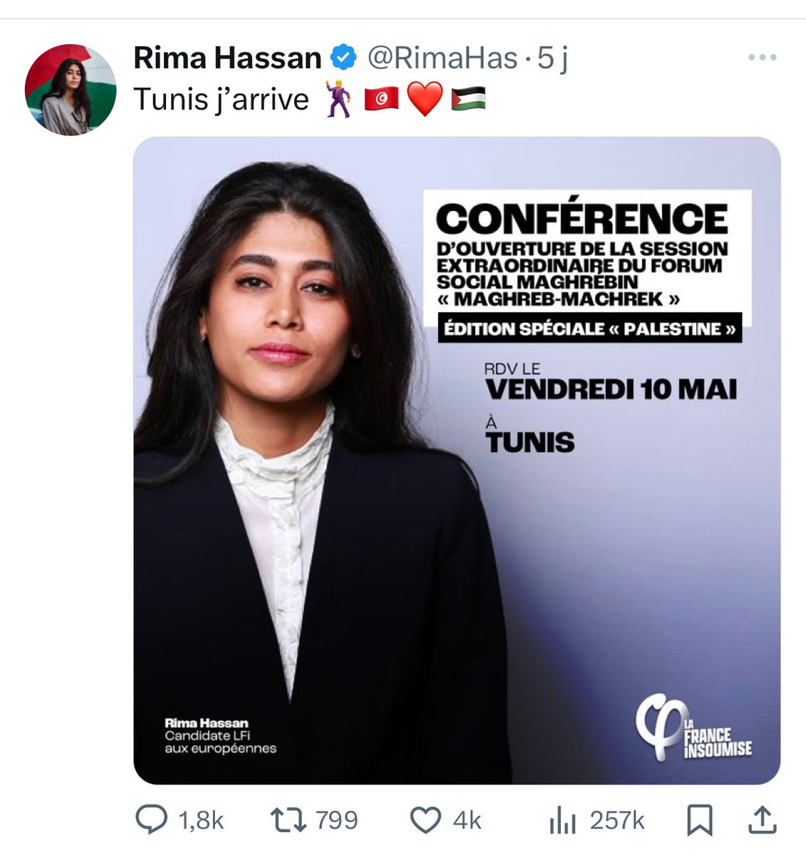 Avis aux journalistes et autres bernés par Rima Hassan et lfi. Il y a quelques jours Rima Hassan a annoncé en grande pompe sa participation avec une délégation Lfi au forum social maghrébin, avec une édition spéciale Palestine à Tunis Parmi les présents à cette conférence, un